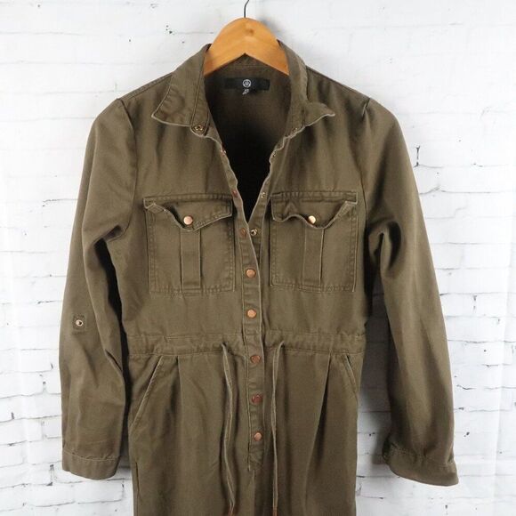 MISSGUIDED BROWN LONG SLEEVE SNAP DOWN FRONT UTILITY JUMPSUIT SIZE 4 - Picture 3 of 8